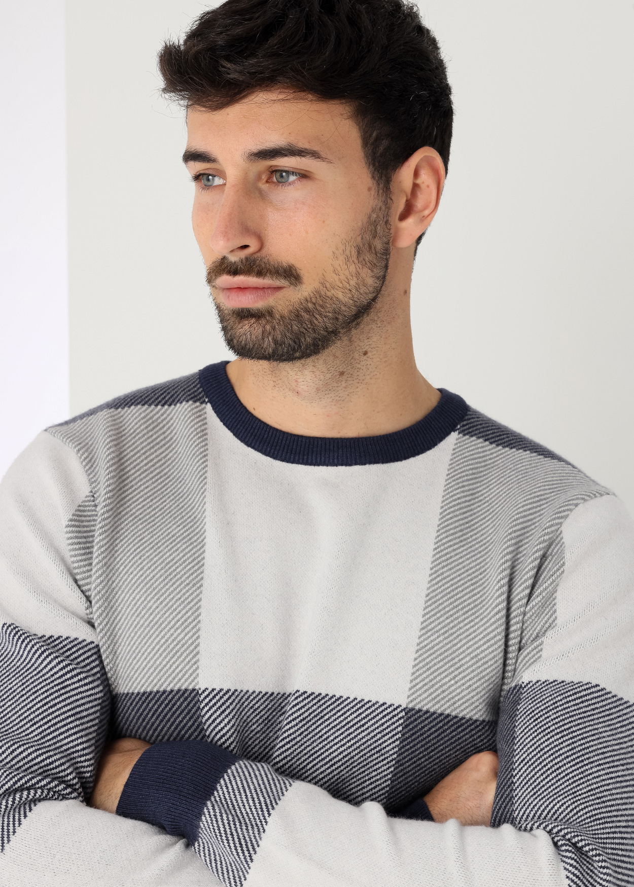 Camisola de gola redonda xadrez em intársia Azul