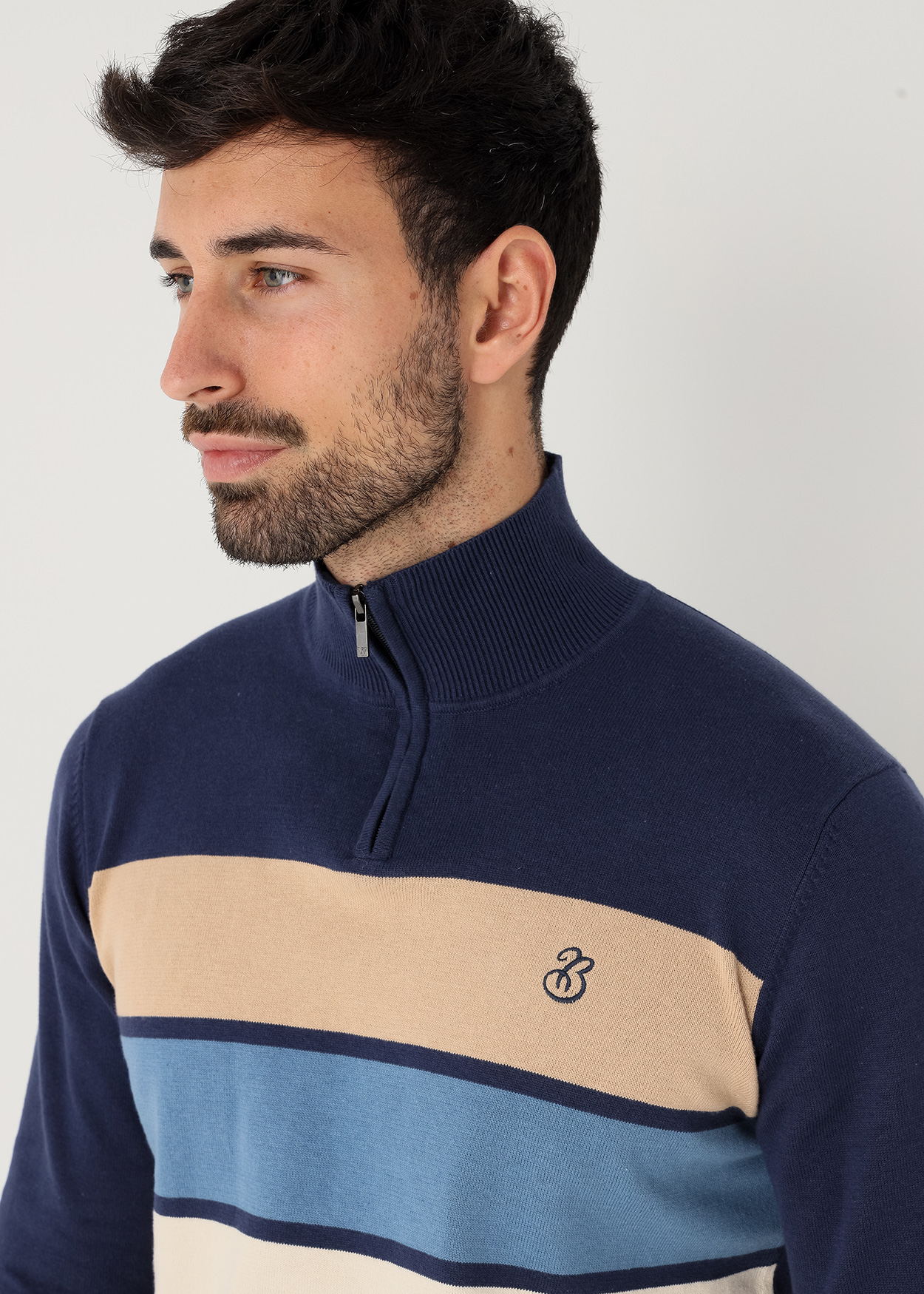 Camisola de gola alta listrado com zíper Azul