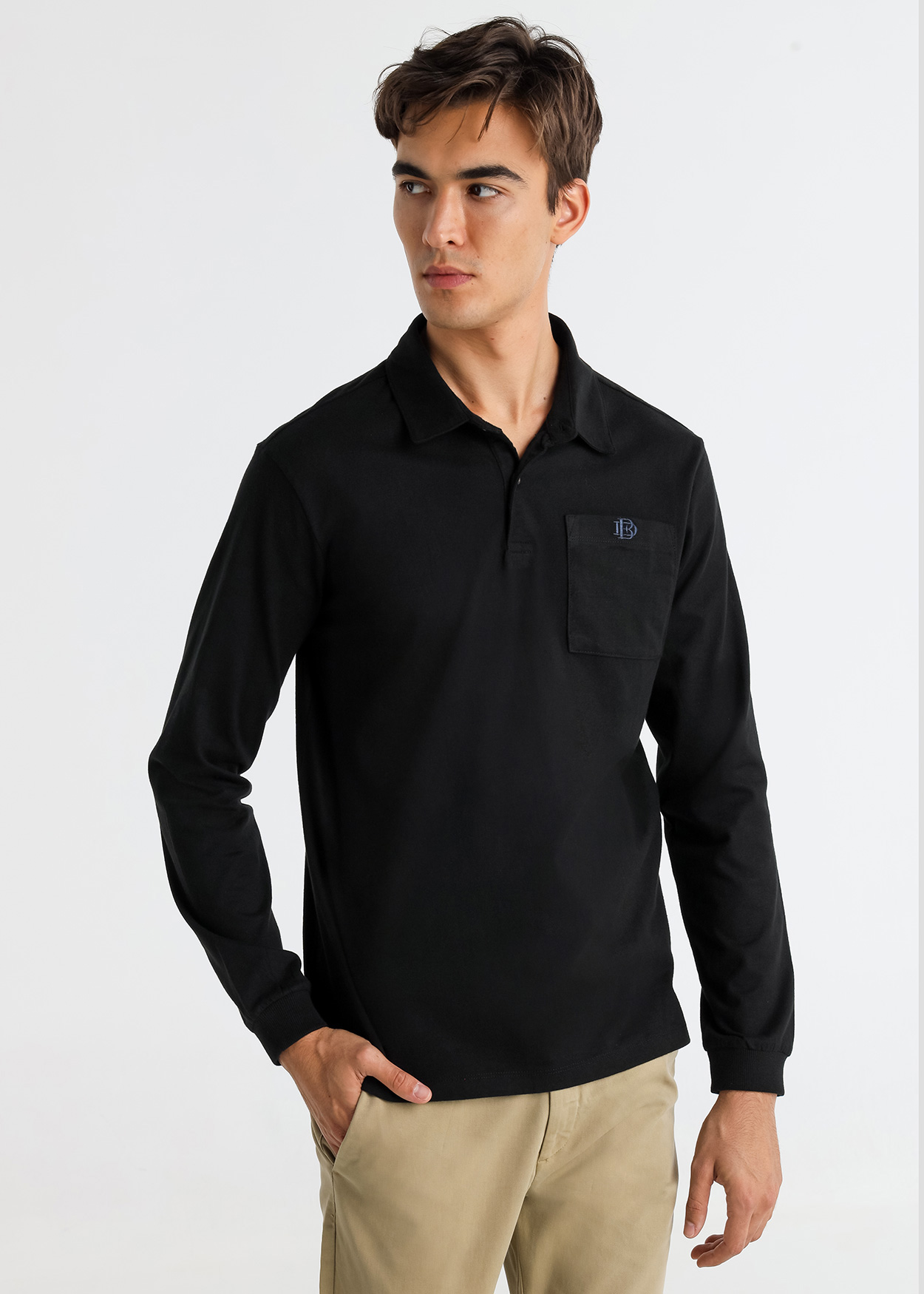 Pólo liso de manga comprida com bolso Preto