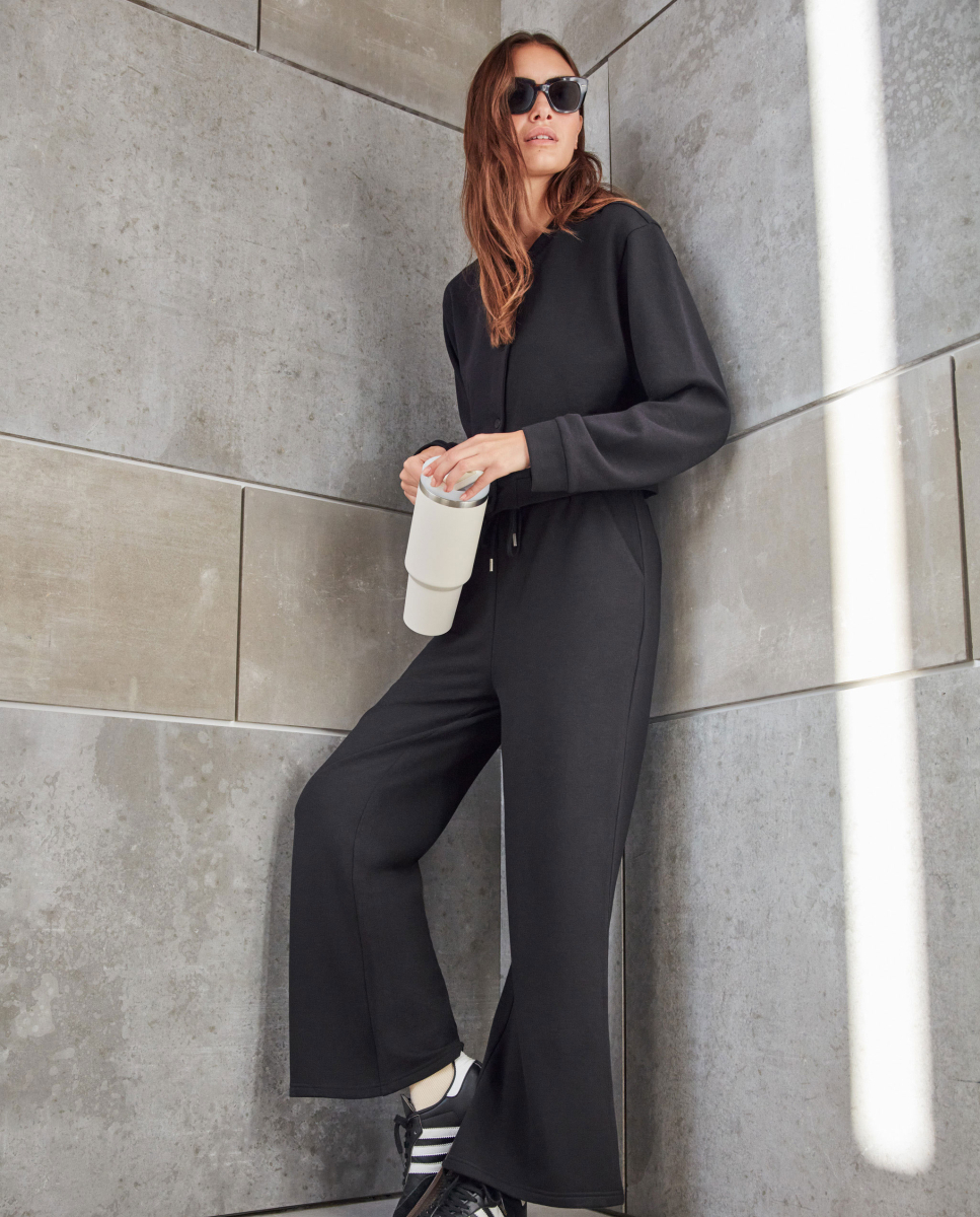 Calças de lã polar retas Preto