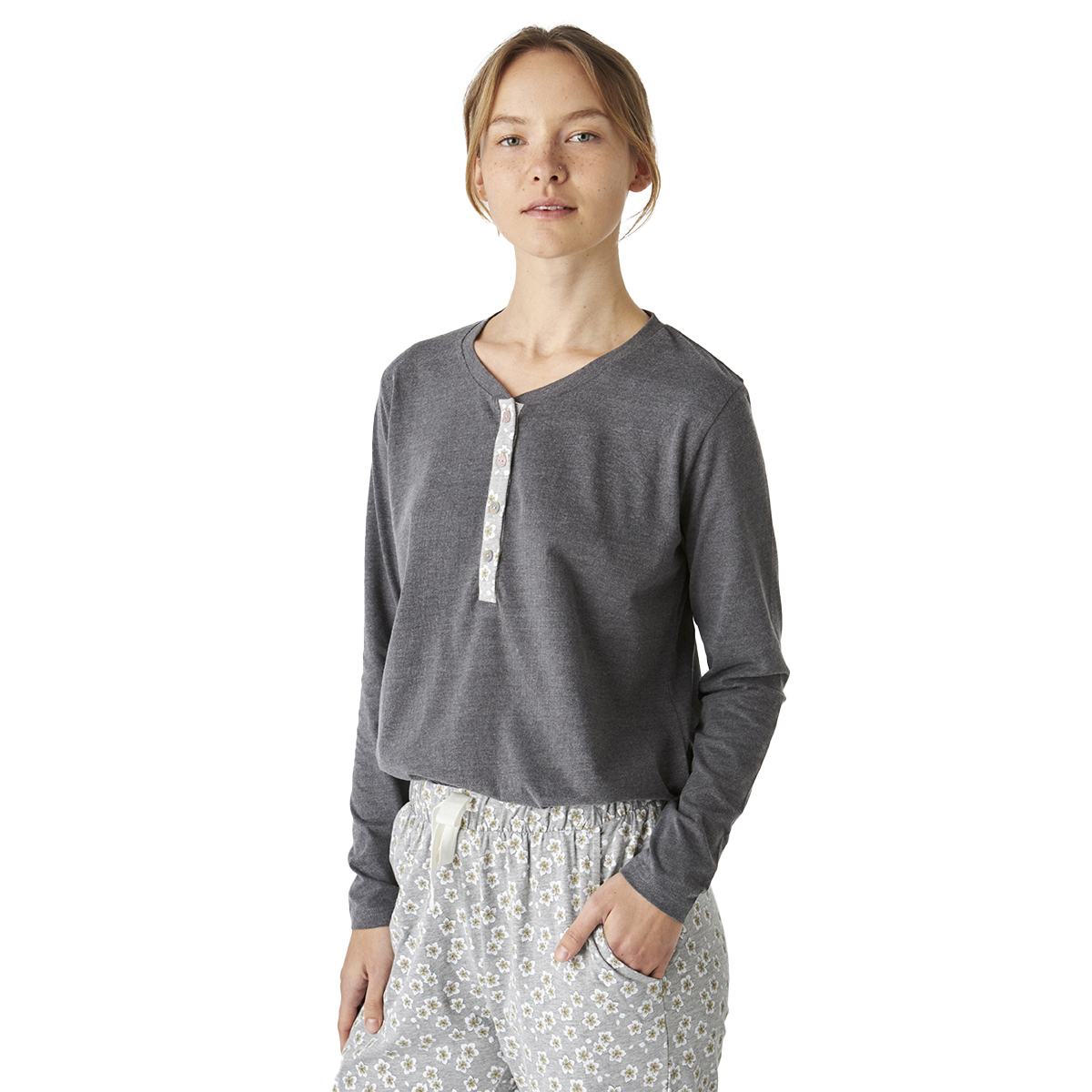 Pijama de Algodão Senhora Manga Comprida Cinzento Escuro