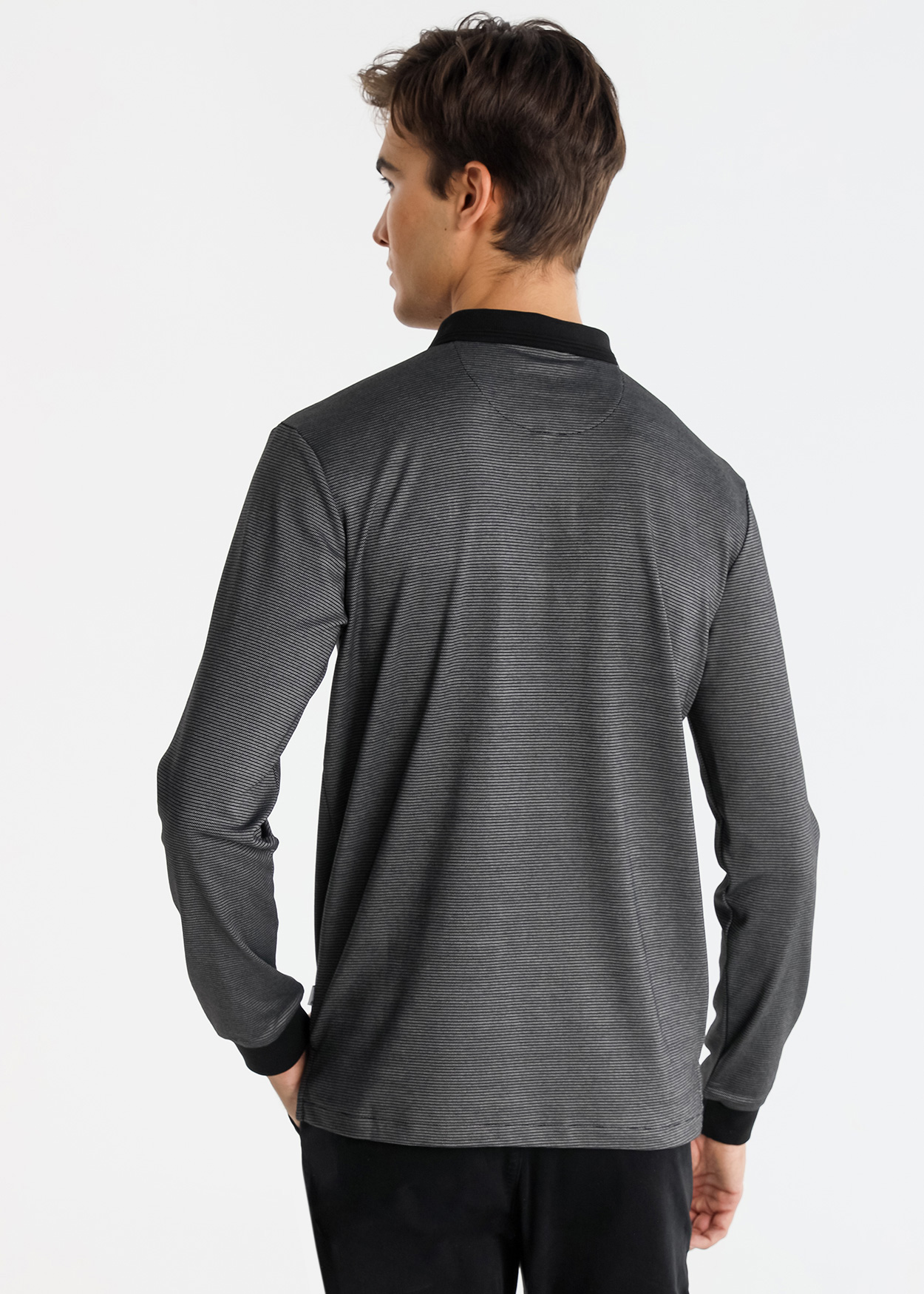 Pólo de manga comprida tecido jaquard Preto