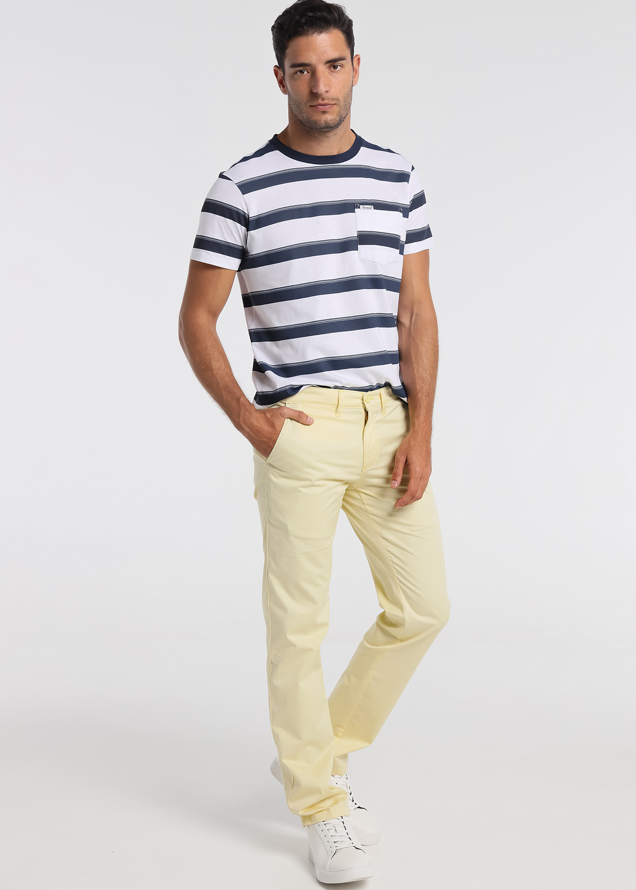 T-Shirt de malha riscas de manga curta com bolso Bege