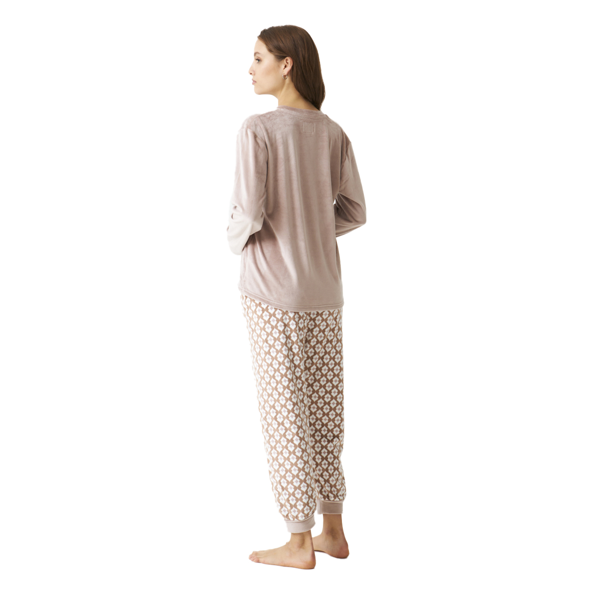 Pijama de Veludo Senhora Manga Comprida Castanho