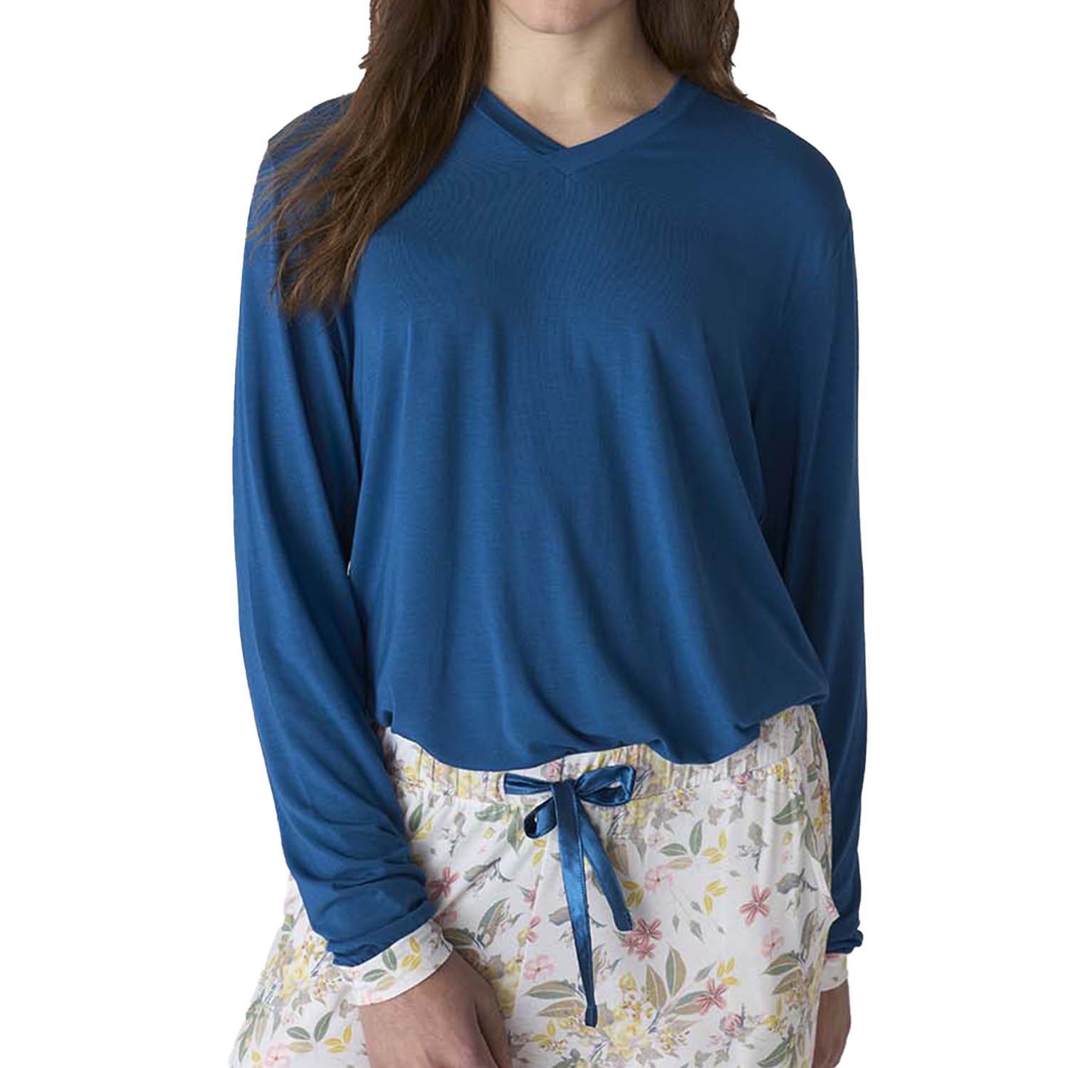 Pijama de Algodão Senhora Manga Comprida Azul com Estampado