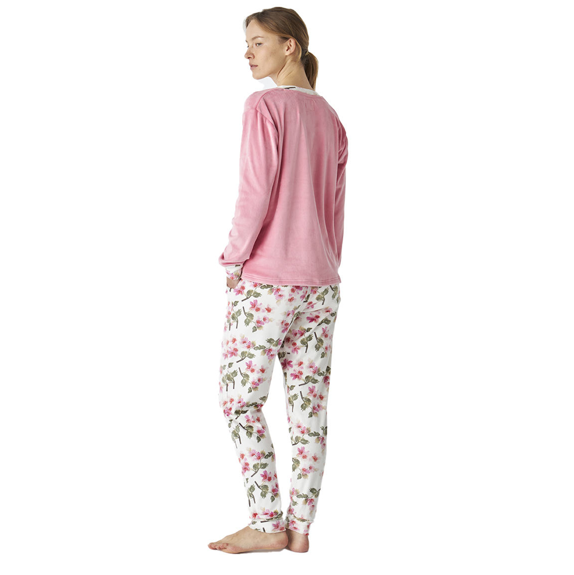 Pijama de Veludo Senhora Manga Comprida Rosa