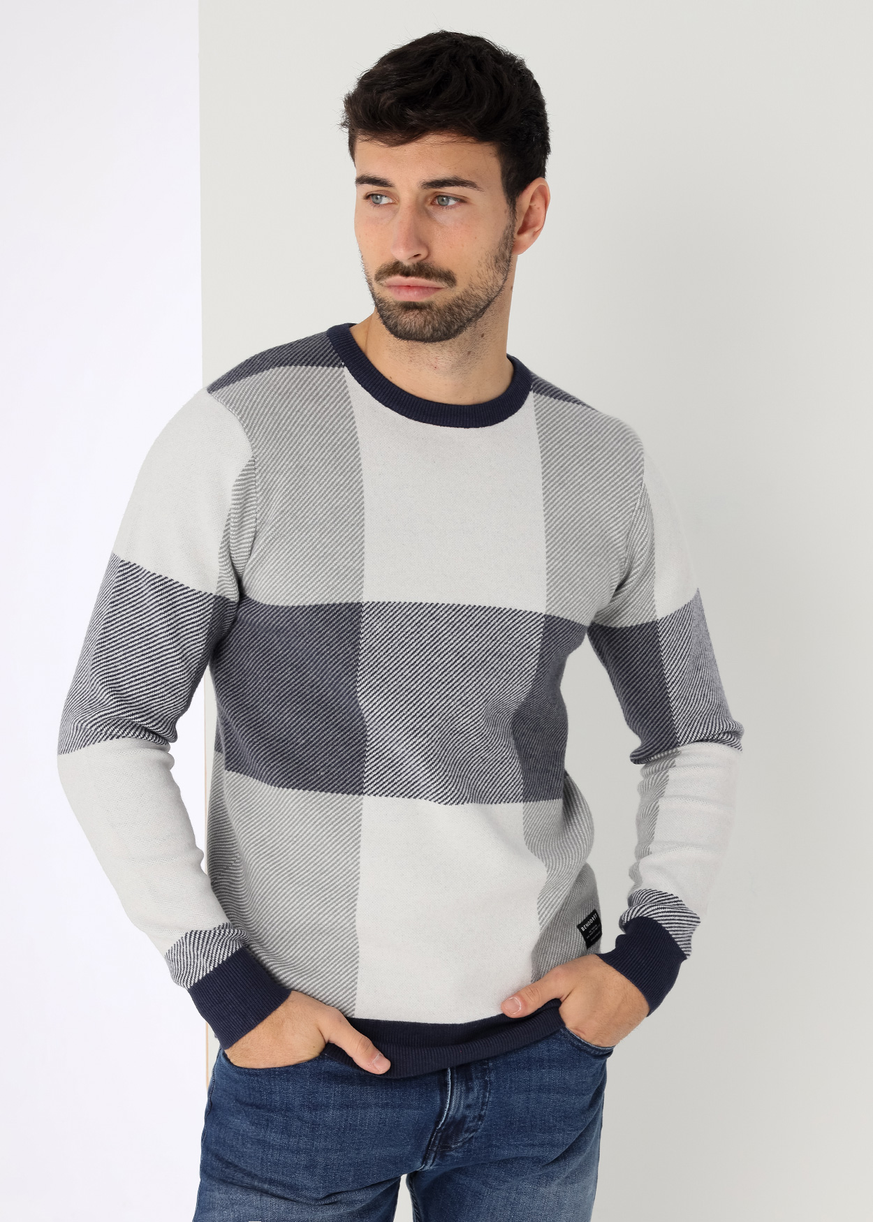 Camisola de gola redonda xadrez em intársia Azul