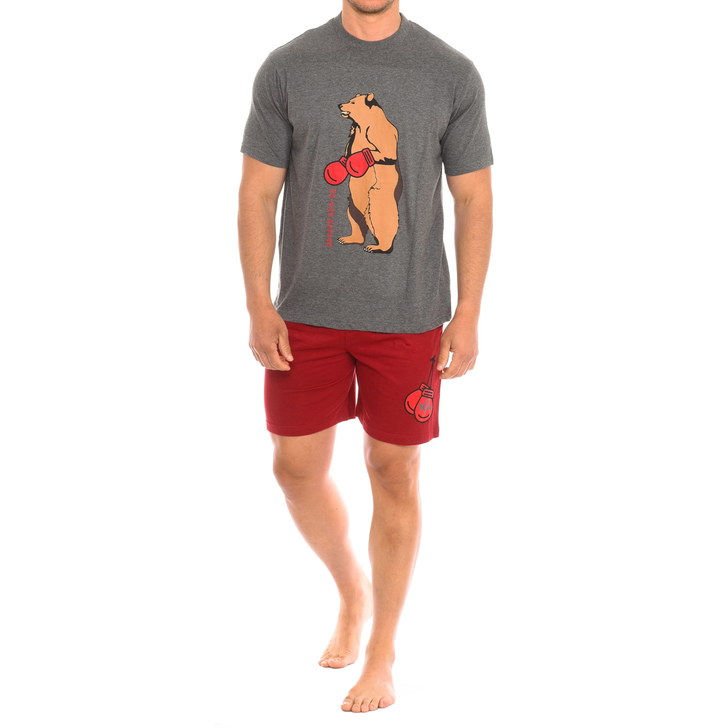 Pijama de Manga Curta Cinza-Vermelho