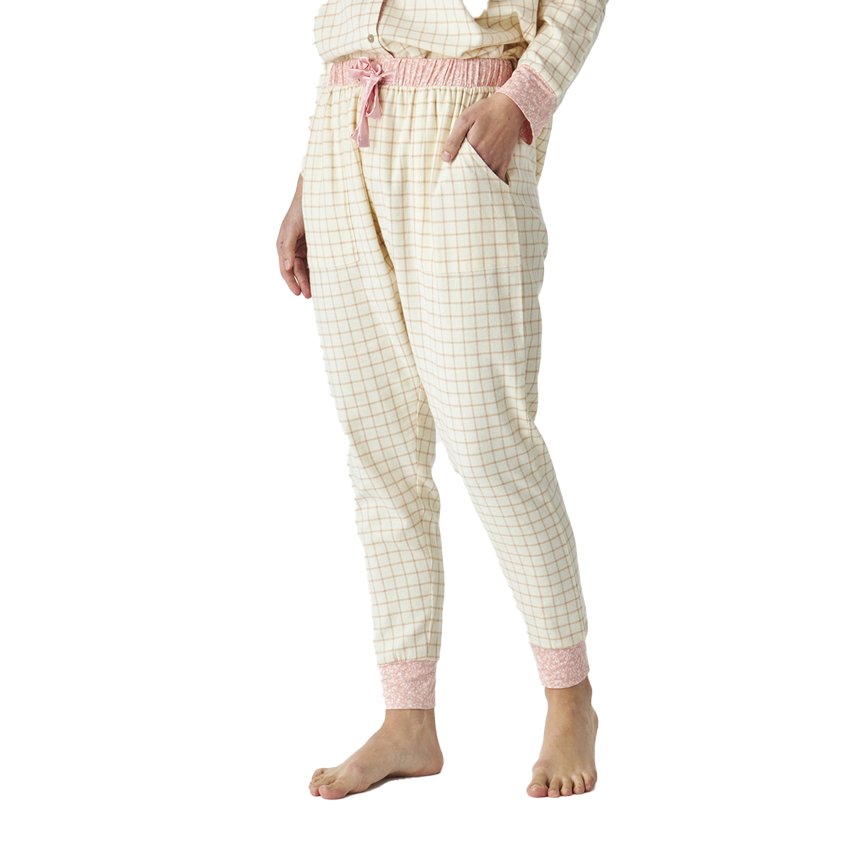 Pijama de Algodão Senhora Manga Comprida Axadrezada Bege