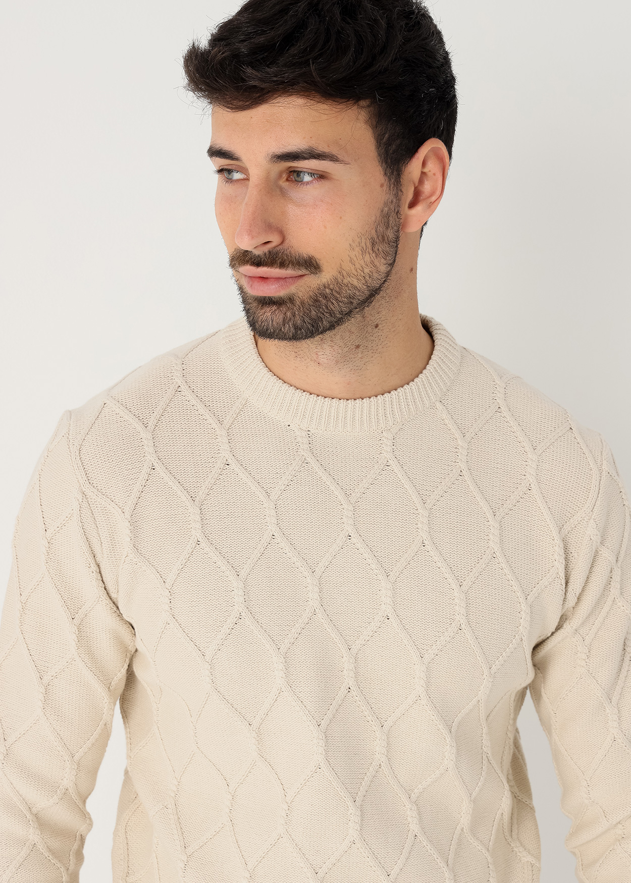 Camisola gola alta em tricô com padrão treliçado Bege