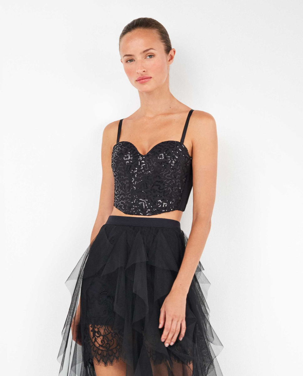 Saia Renda Floral Preto