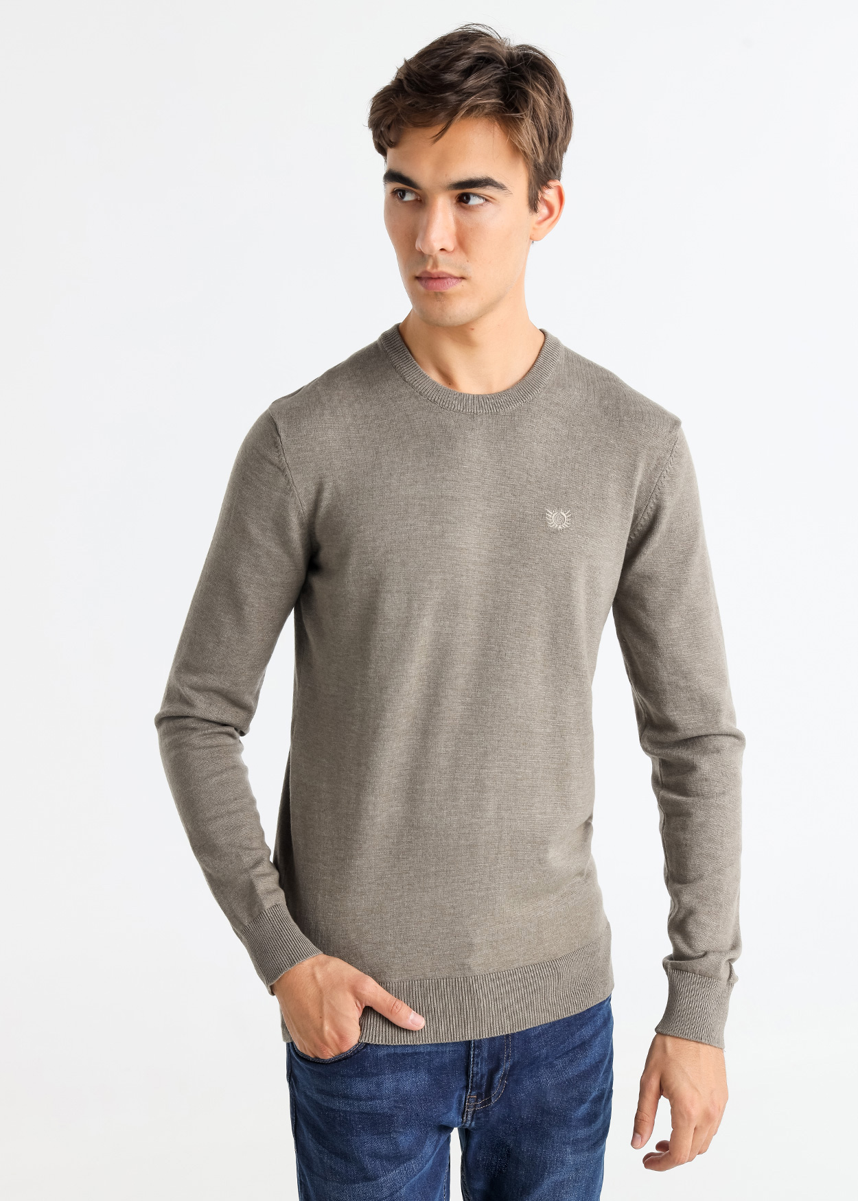 Camisola básica de malha com gola redonda e logotipo bordado Cinzento