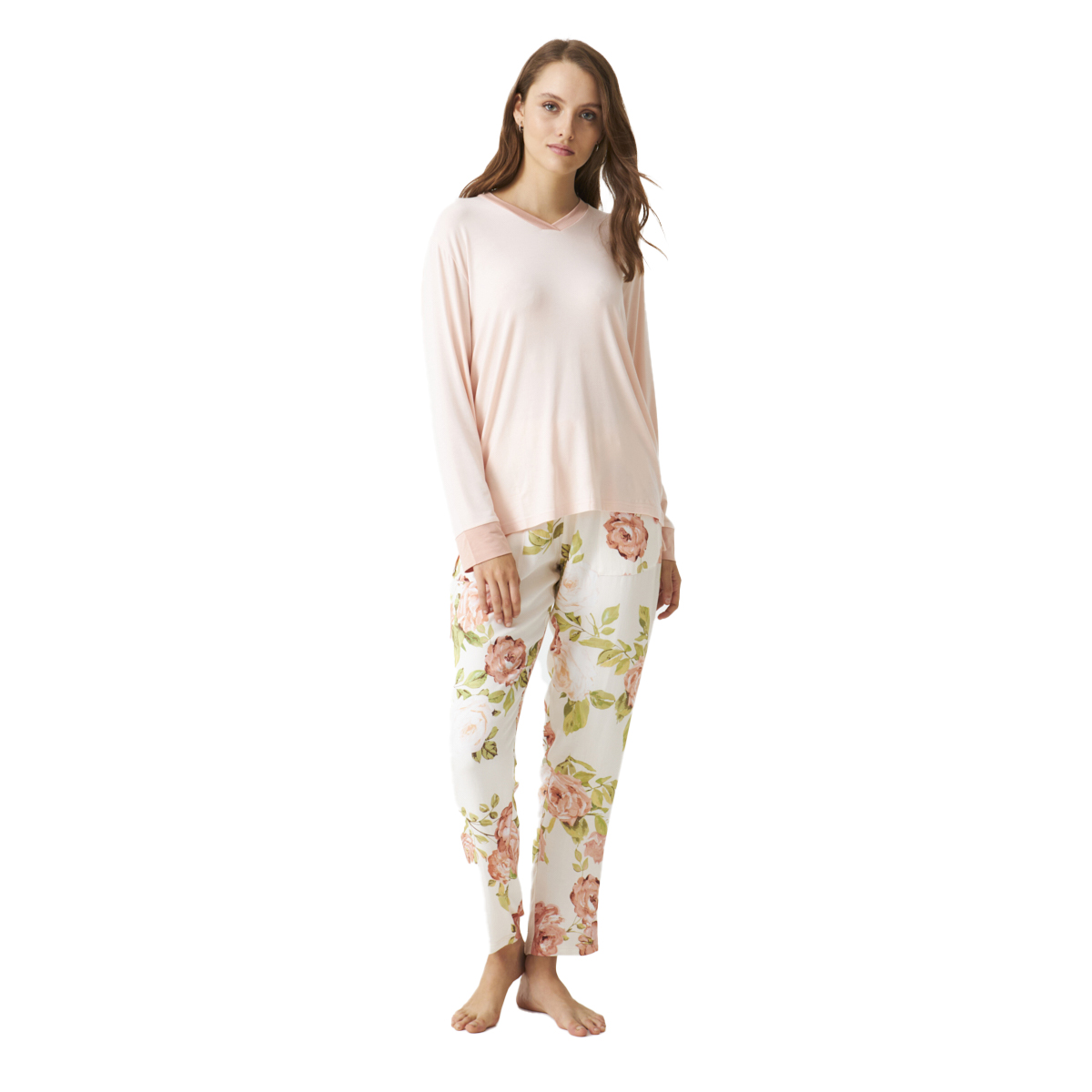 Pijama Senhora Manga Comprida Rosa com Estampado Floral