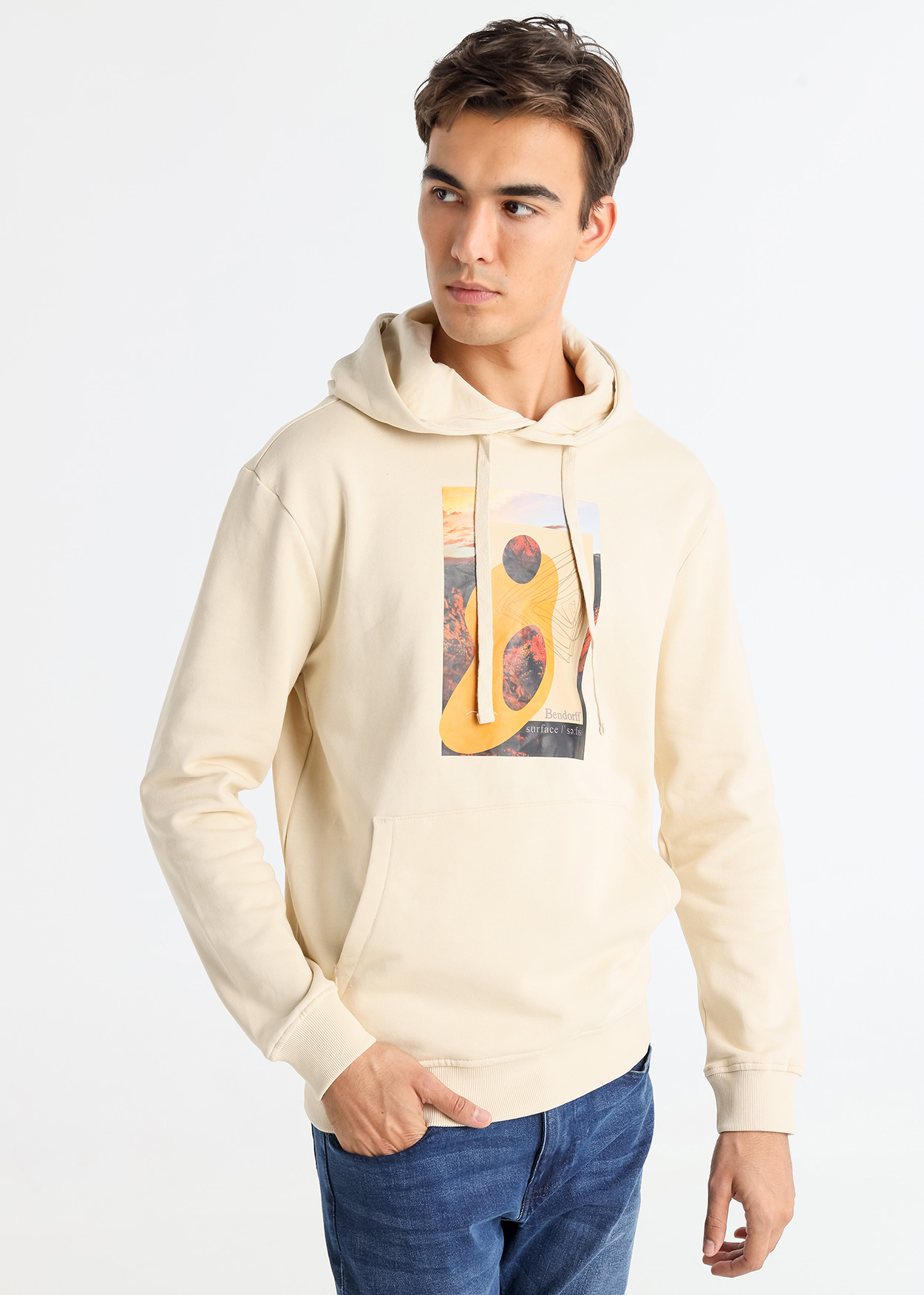 Sweatshirt com Capuz Estampado com Madeira Bege