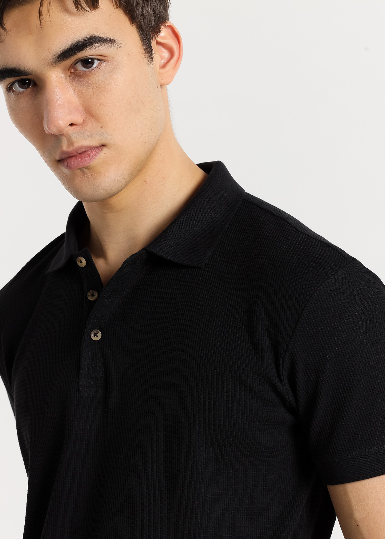 Pólo manga curta em malha jacquard estilo clássico Preto