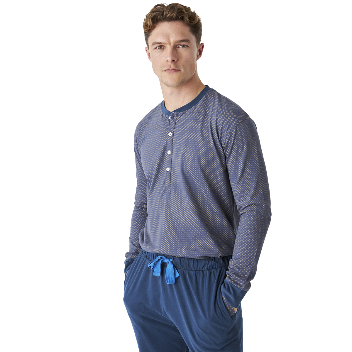 Pijama de Algodão Homem Manga Comprida Azul e Cinzento