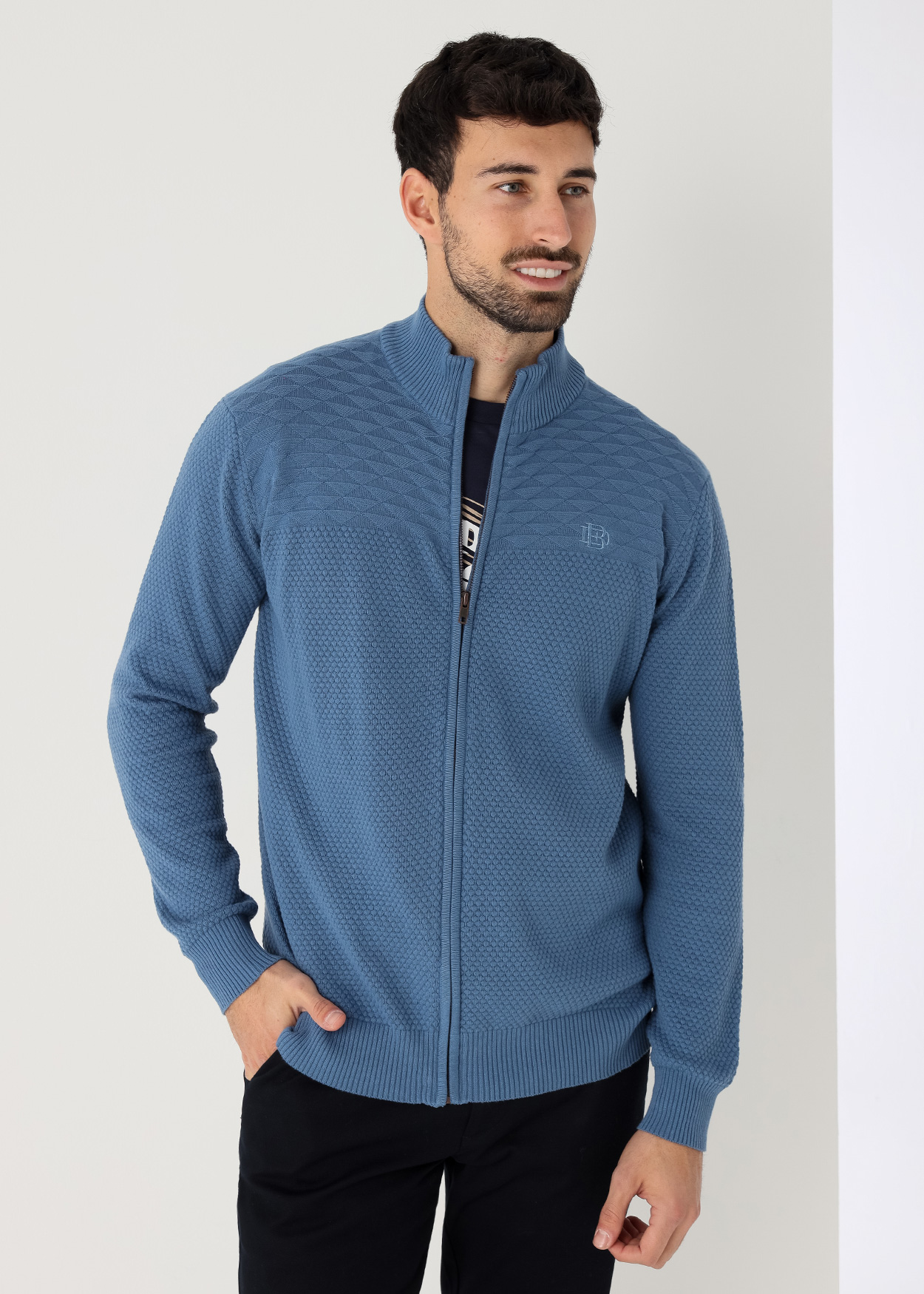 Camisola de gola alta com textura dupla e zíper Azul