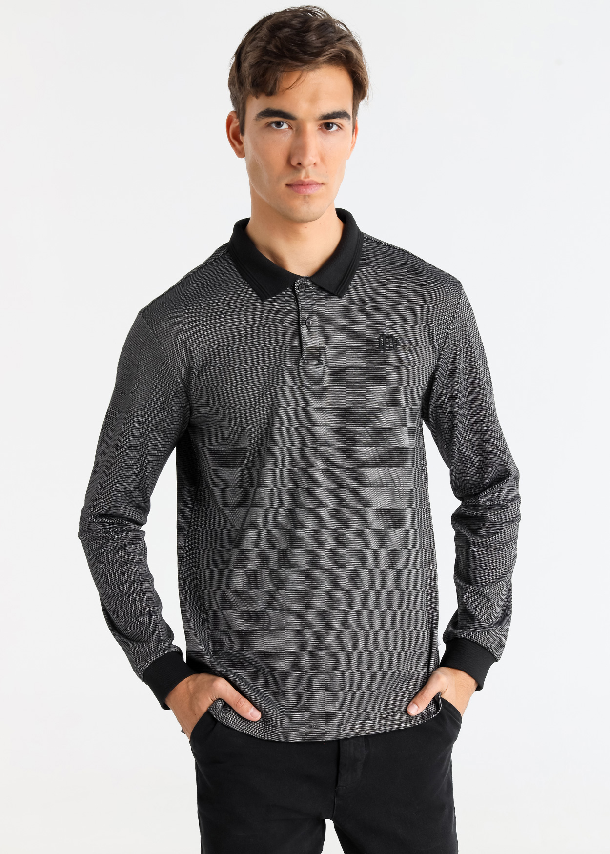 Pólo de manga comprida tecido jaquard Preto