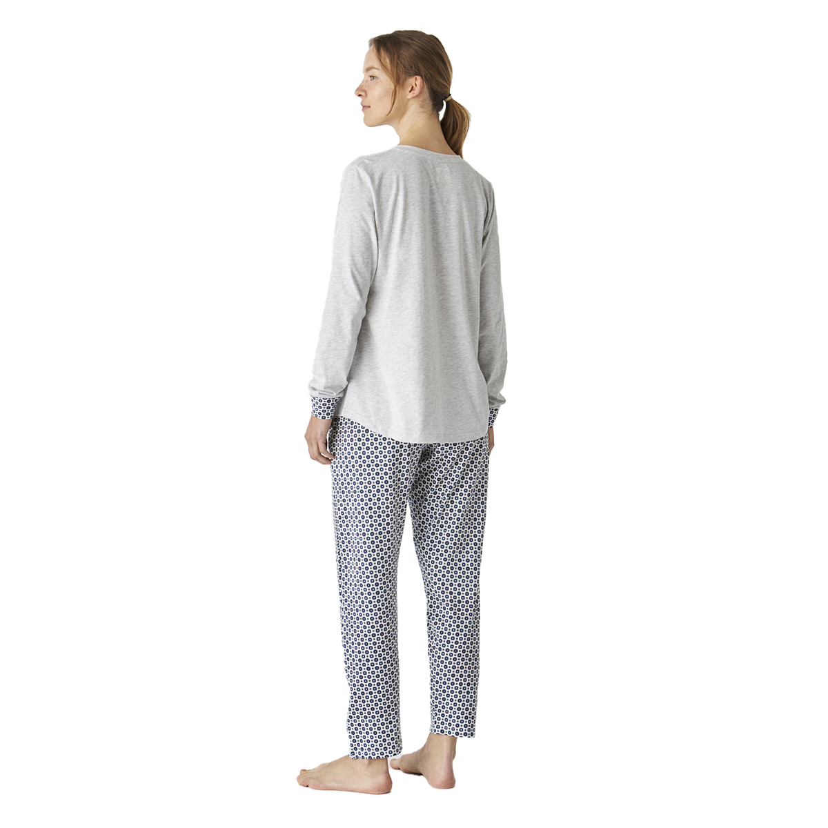 Pijama de Algodão Senhora Manga Comprida Cinzento e Azul