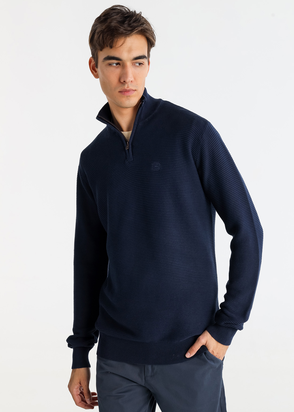 Camisola de malha texturizada com gola redonda e zíper Azul