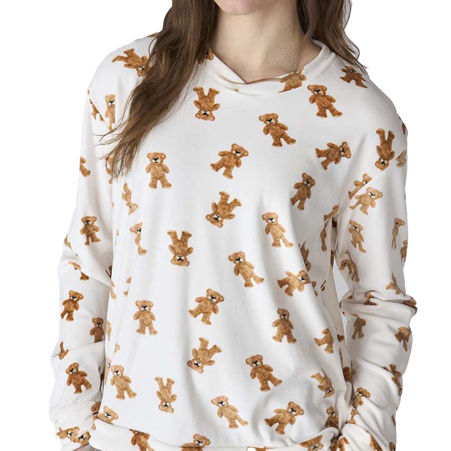 Pijama de Veludo Senhora Manga Comprida Branco e Castanho