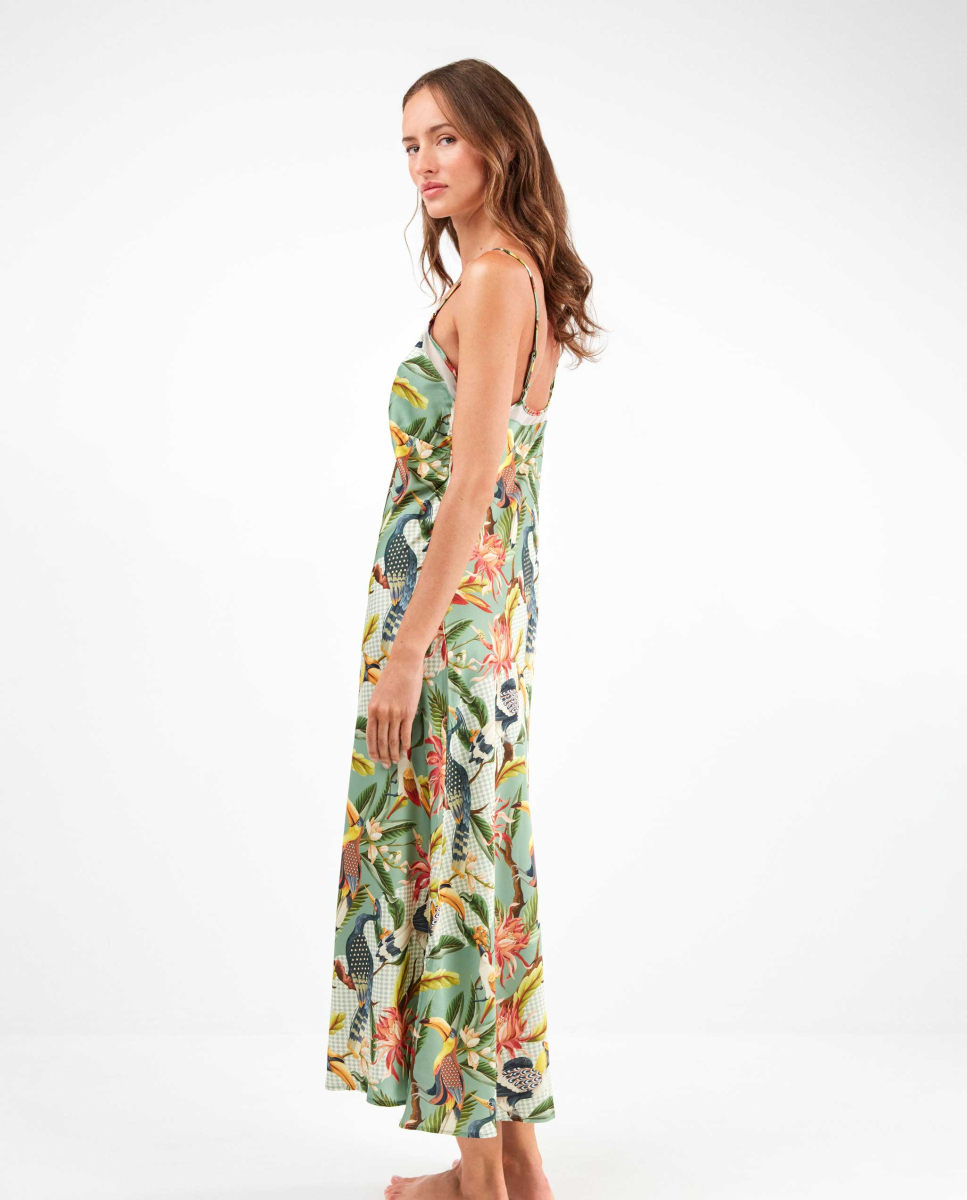 Vestido midi de cetim tropical exótica MultiCor