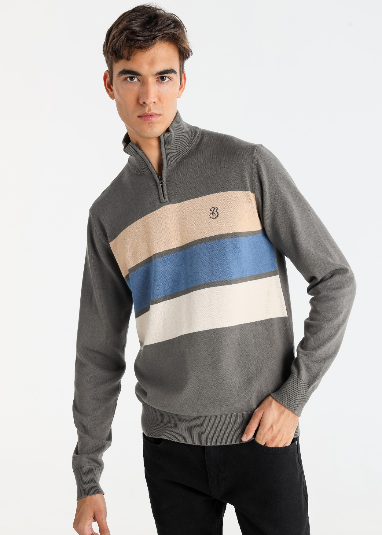 Camisola de gola alta listrado com zíper Verde