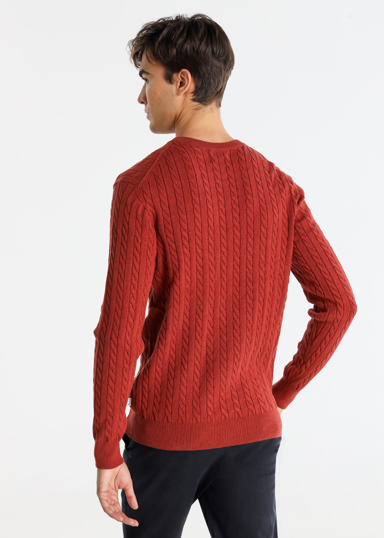 Camisola de gola redonda em tricô trançado Vermelho