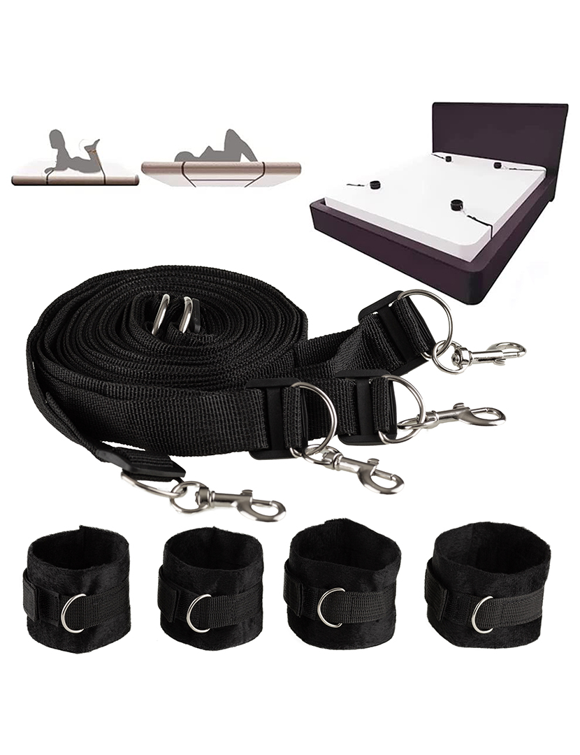 Kit de fixação da cama - Kit Bondage - Conjunto SM - 4 Algemas e 4 Correias - Preto