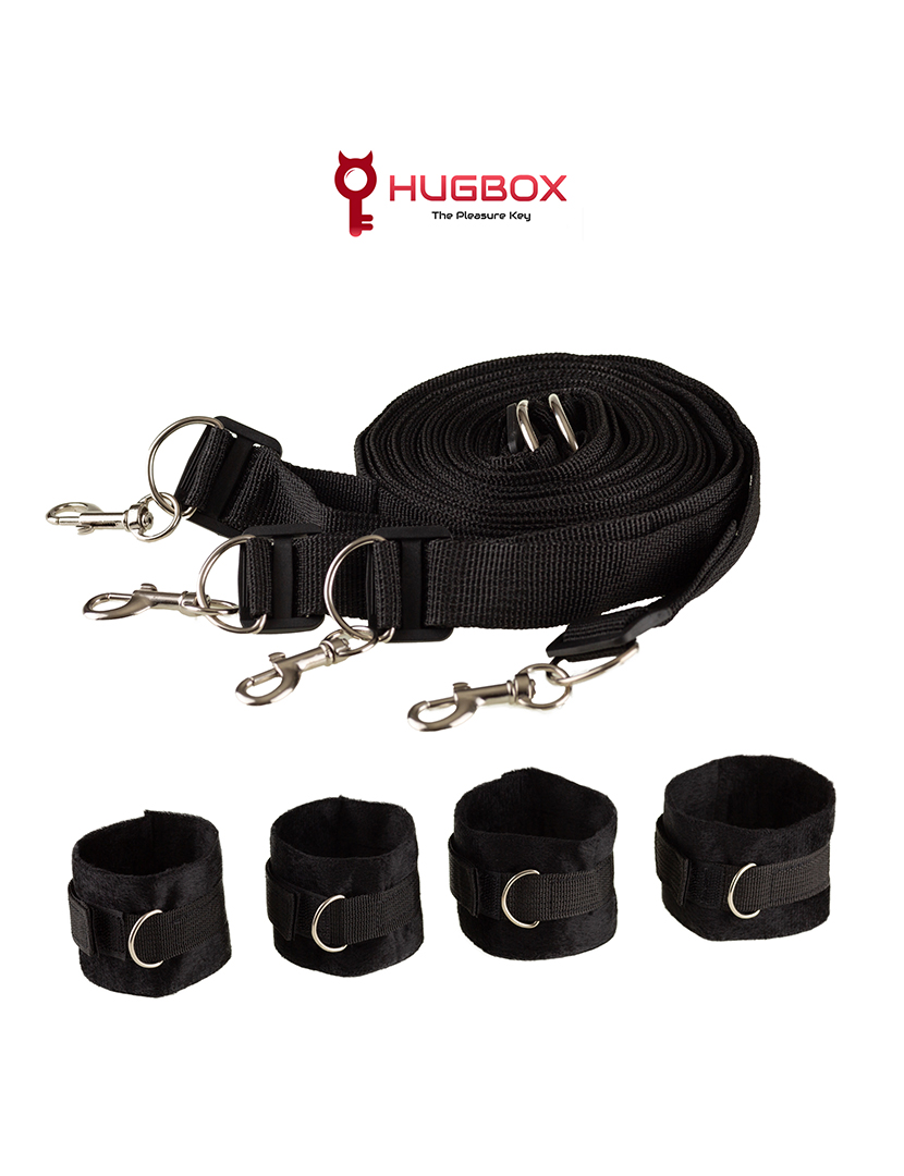 Kit de fixação da cama - Kit Bondage - Conjunto SM - 4 Algemas e 4 Correias - Preto