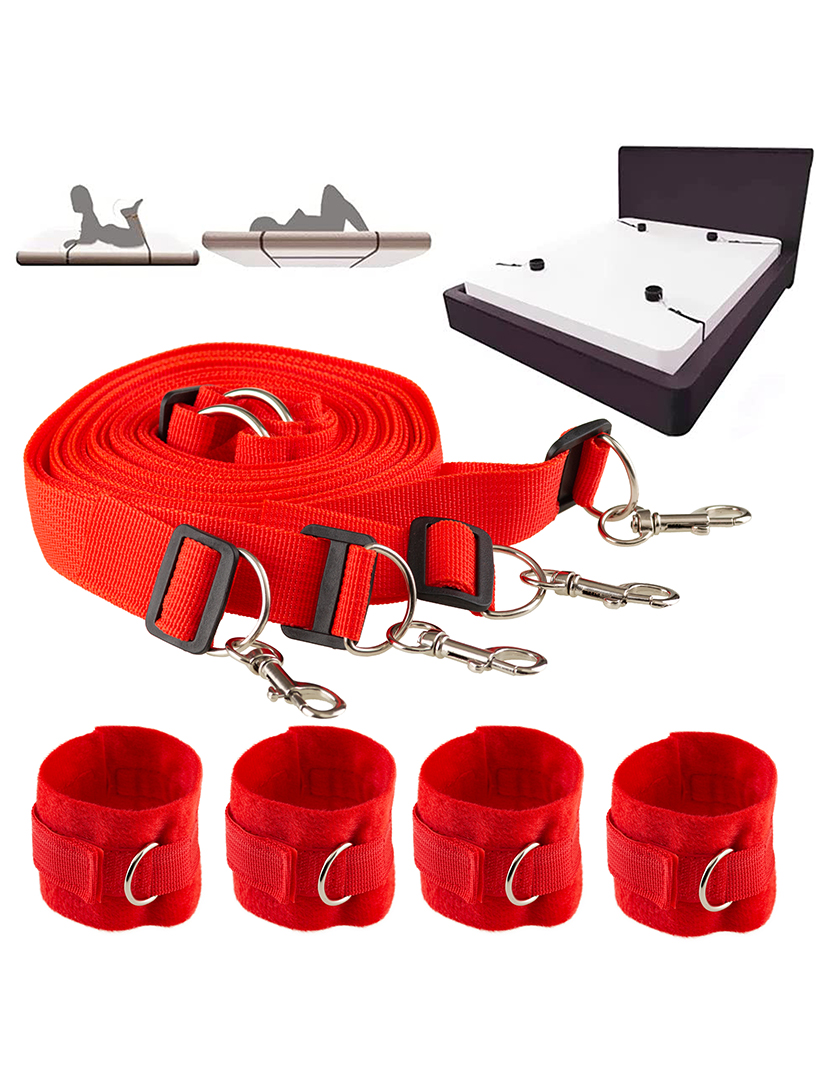 Kit de fixação da cama - Kit Bondage - Conjunto SM - 4 Algemas e 4 Correias - Vermelho