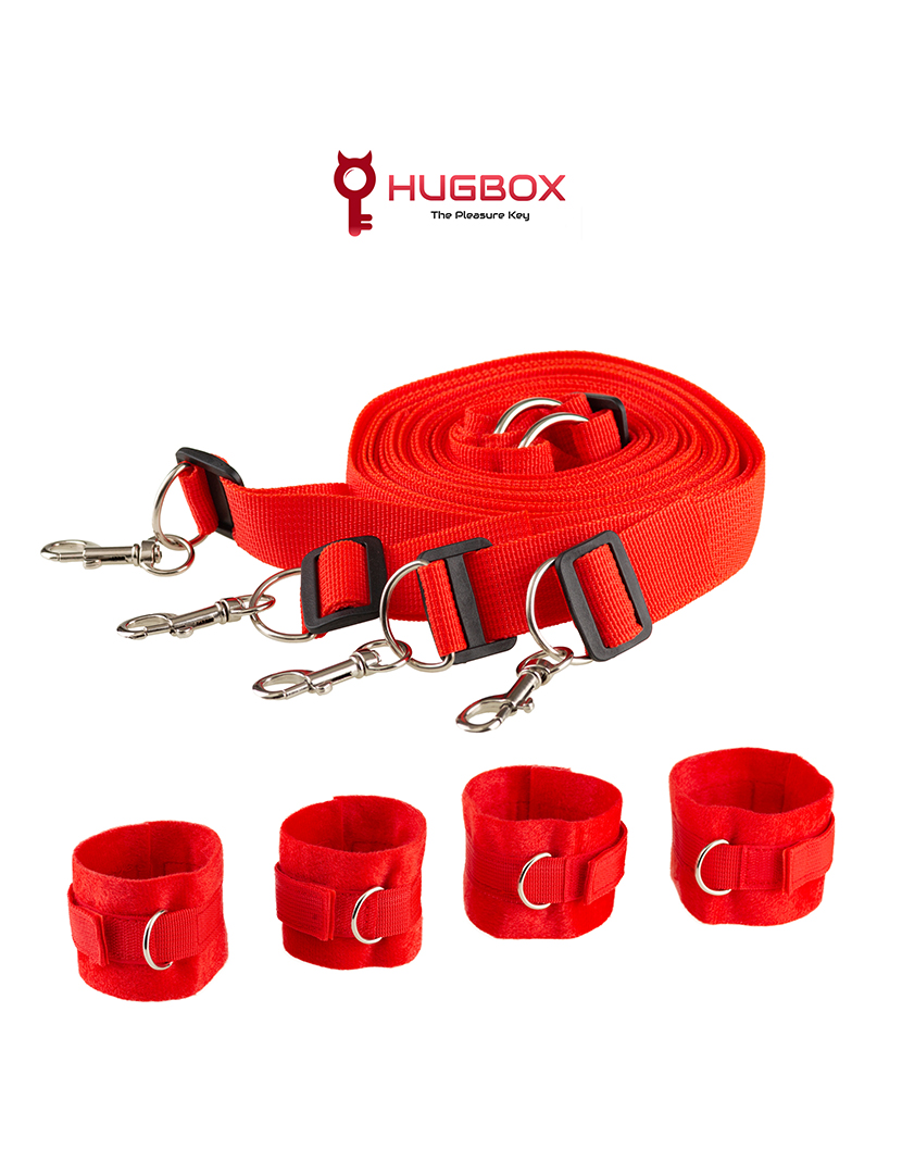 Kit de fixação da cama - Kit Bondage - Conjunto SM - 4 Algemas e 4 Correias - Vermelho