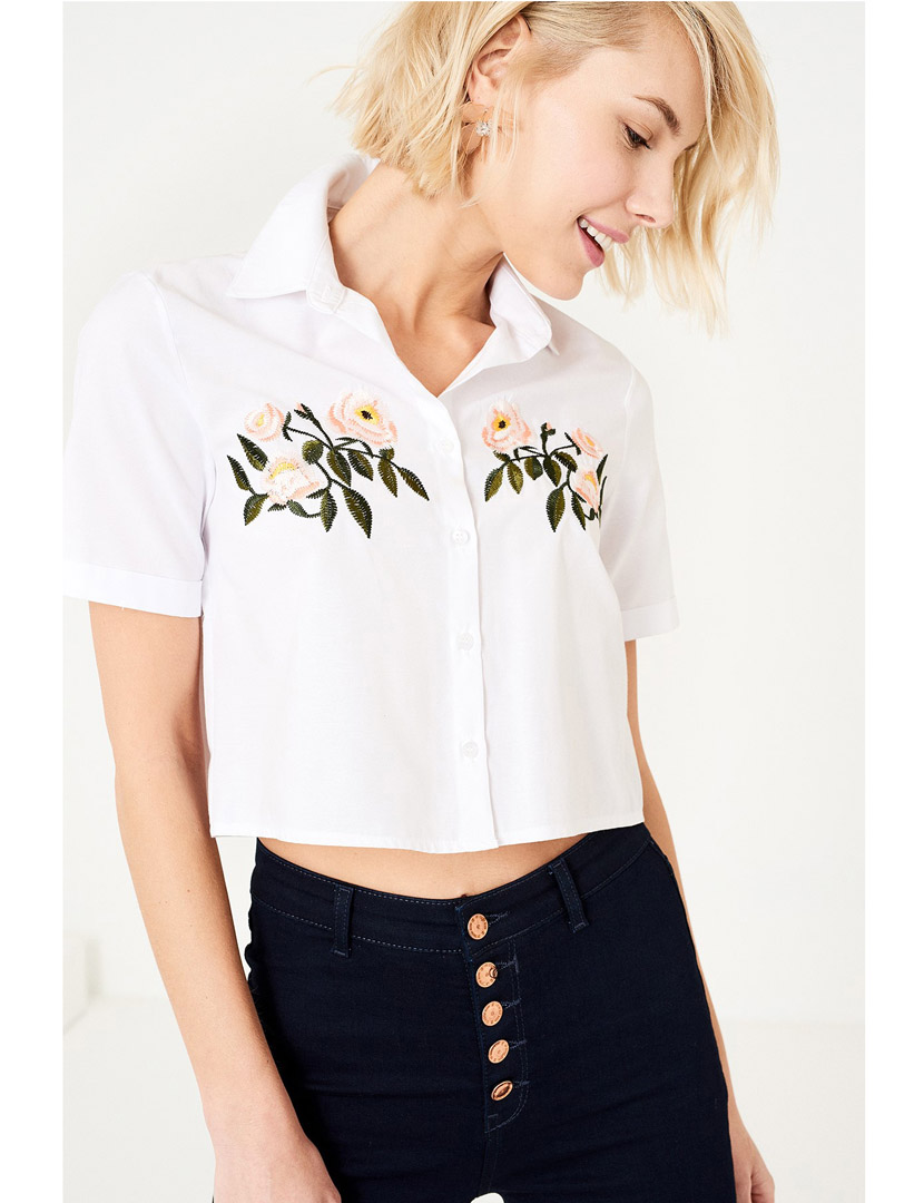 Camisa Cropped Flores Branco
