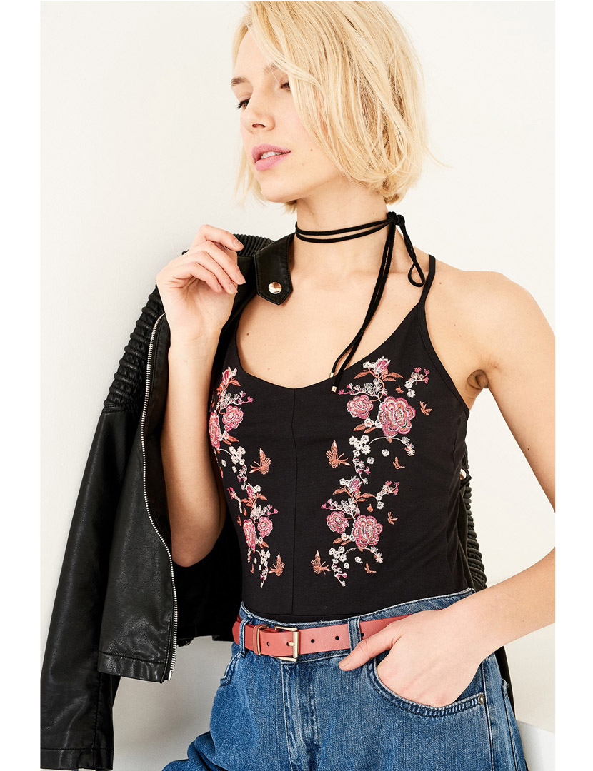 Body Senhora Alças Bordado Preto