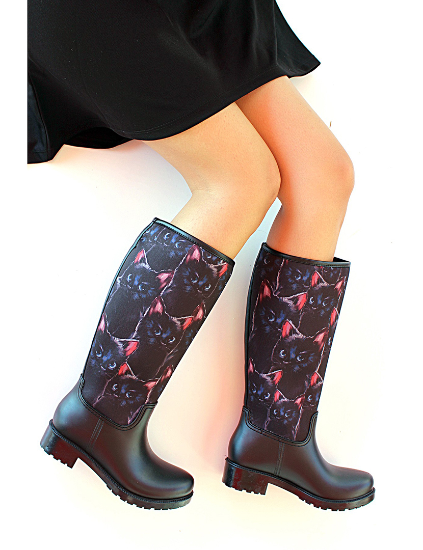 Botas Compridas Preto Padrão Gato