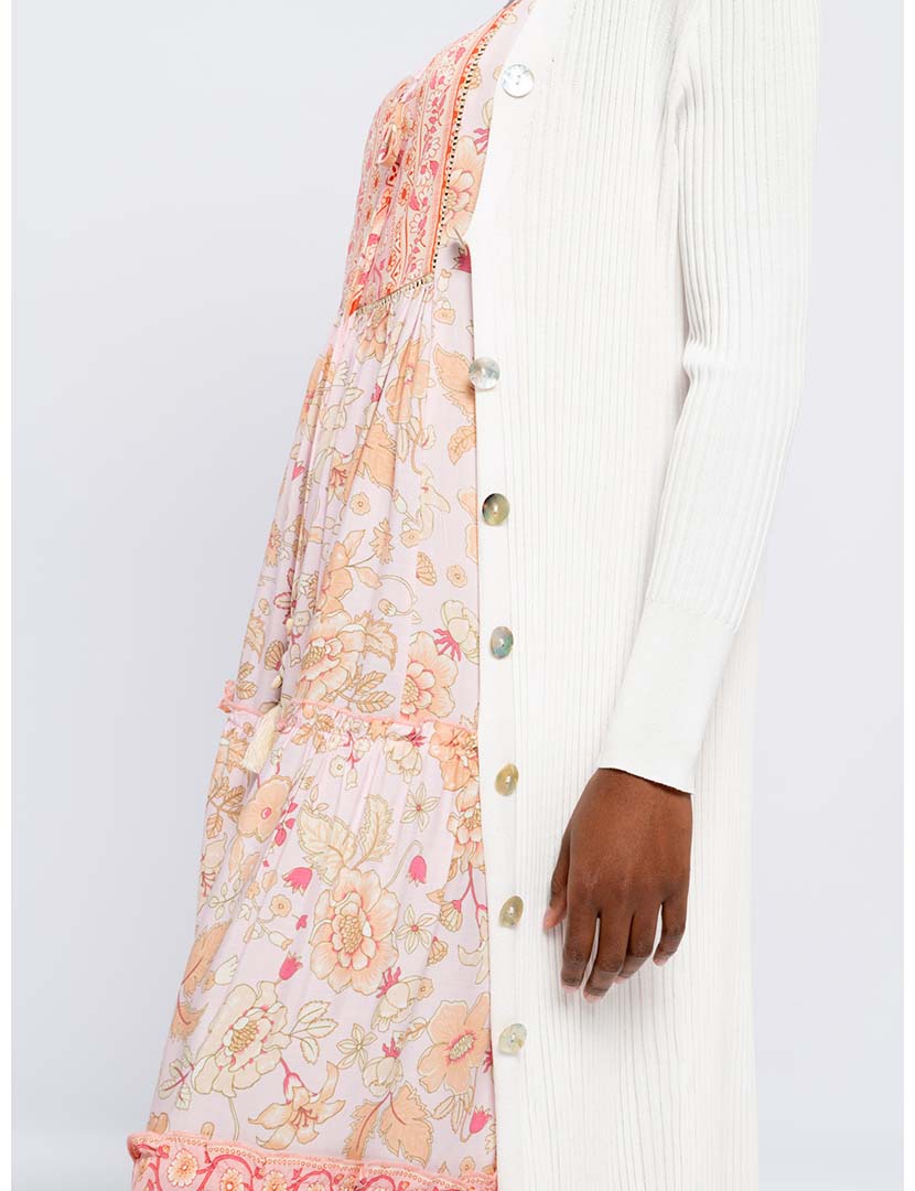 Casaco Malha Fina Senhora Comprido Pérola