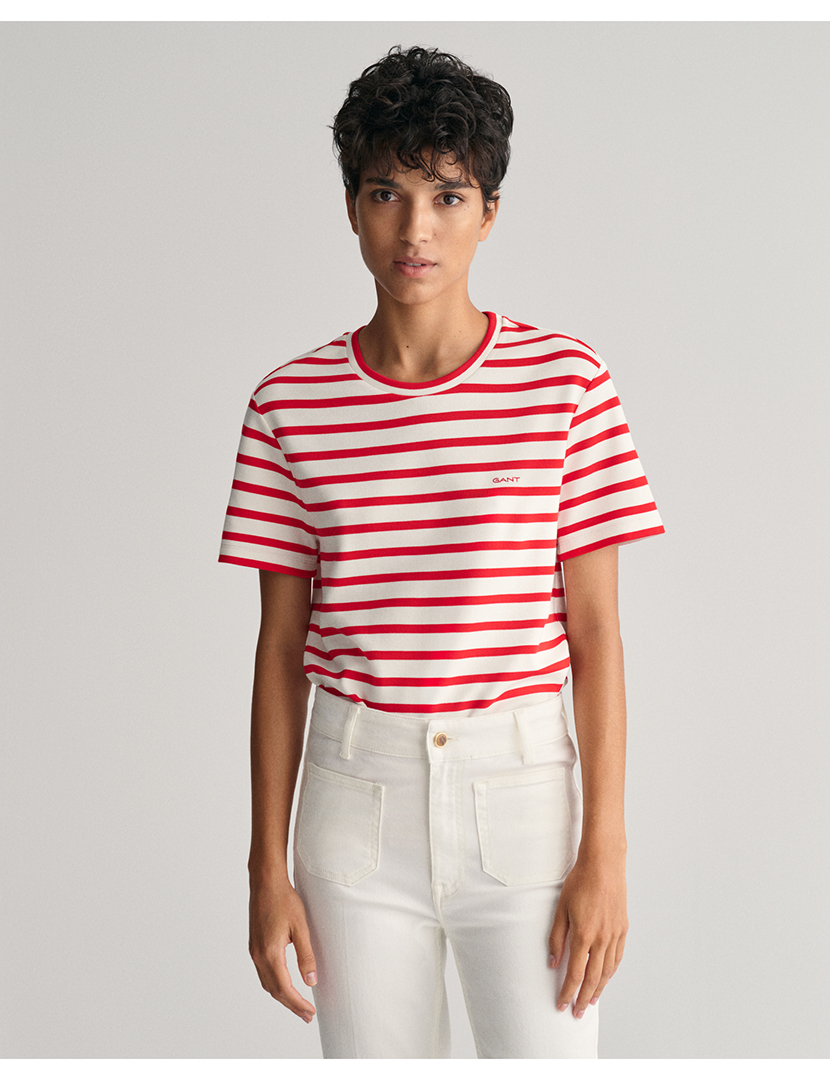 T-Shirt Senhora Riscas Vermelho e Branco