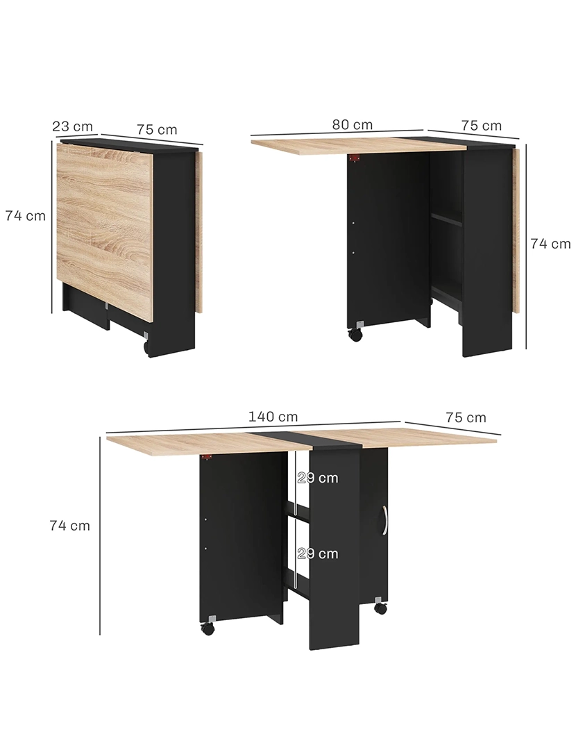 Mesa Cozinha Dobrável Rodas Madeira/Preto 140 cm