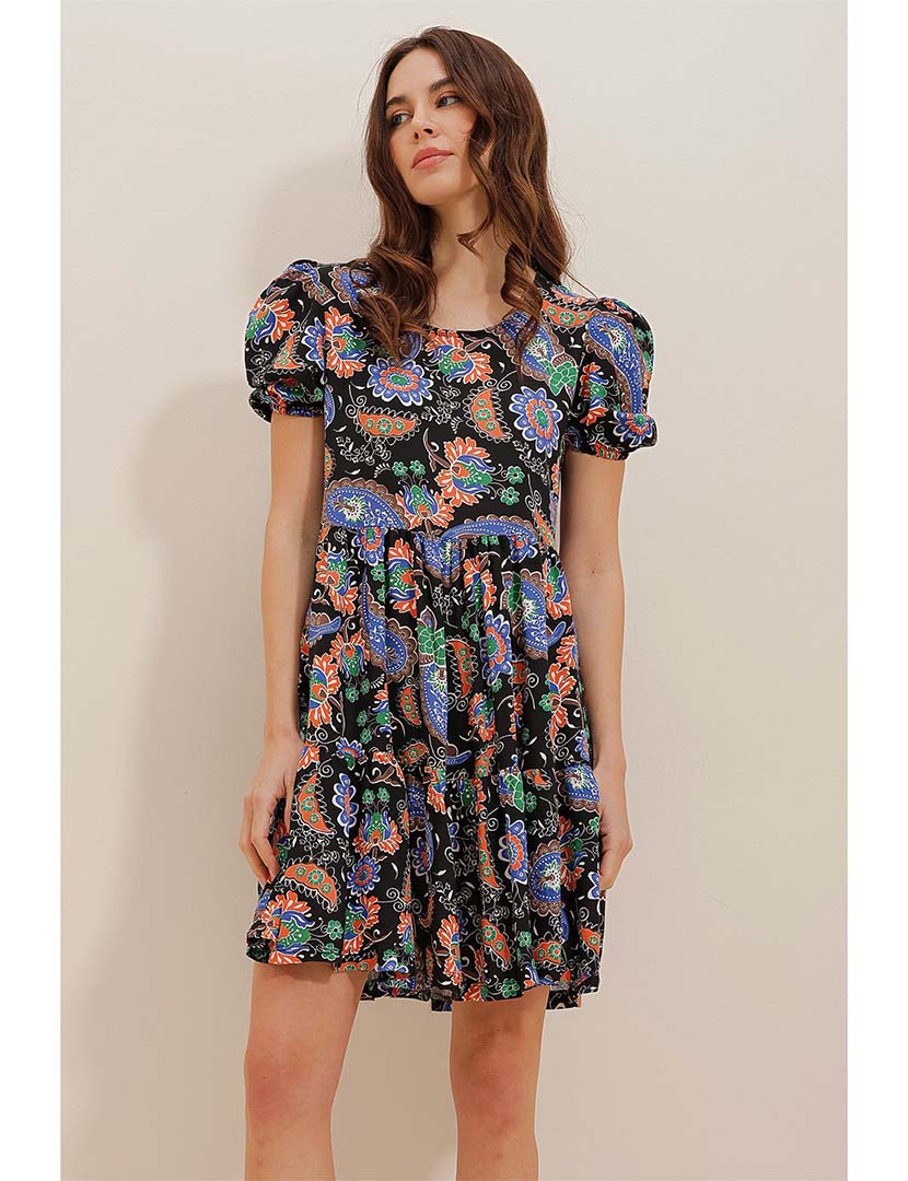 Vestido Curto Folhos Multicolorido