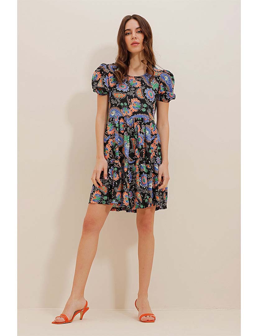 Vestido Curto Folhos Multicolorido