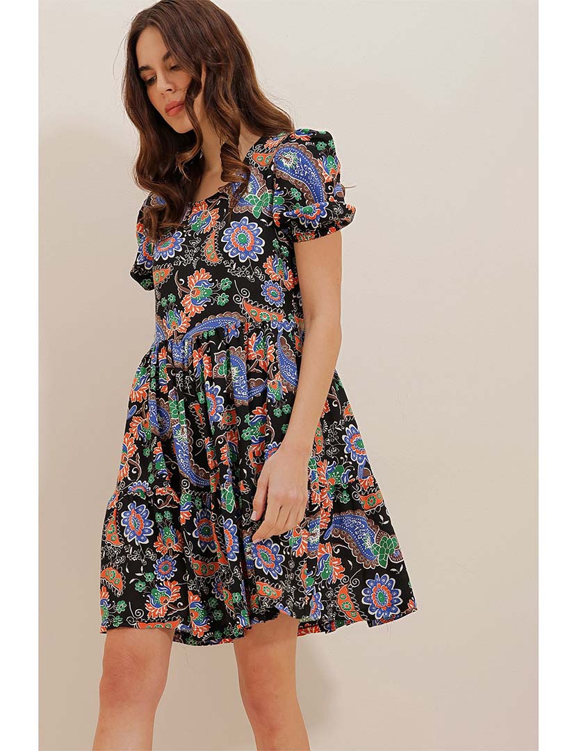 Vestido Curto Folhos Multicolorido