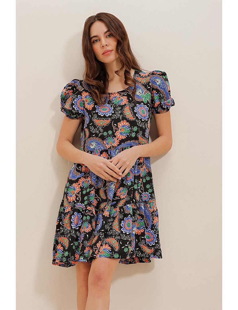 Vestido Curto Folhos Multicolorido