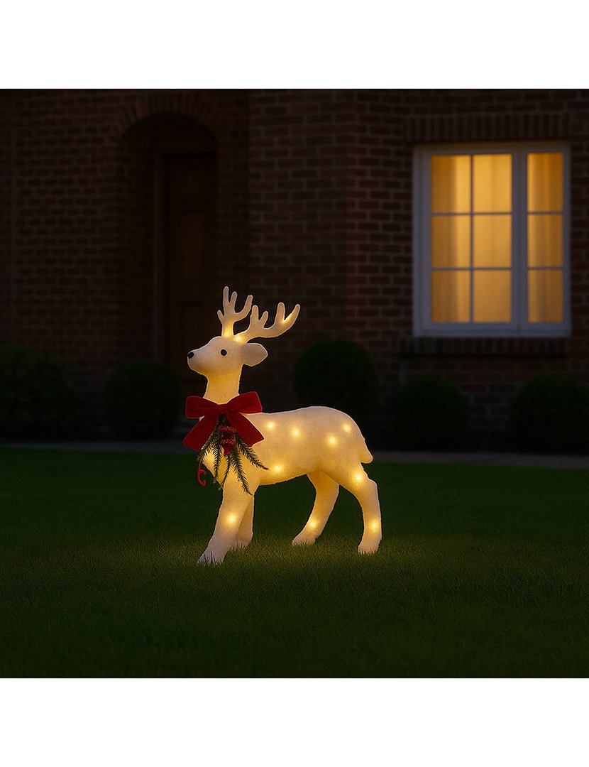 Decoração de Natal - rena em pé com Luzes LED e tecido branco 30x30x12cm