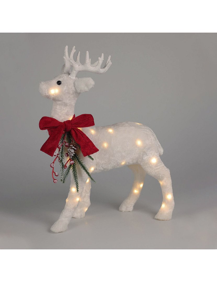 Decoração de Natal - rena em pé com Luzes LED e tecido branco 30x30x12cm