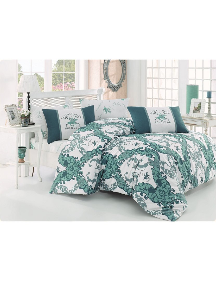 Conjunto de Roupa de Cama Casal King Size 260x220cm Verde e Branco